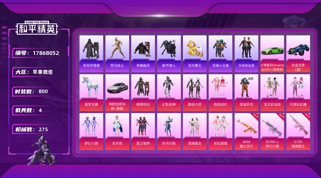 和平精英账号苹果微信[17868052]13粉装 13特效枪 4载具 20印记 可二次 
【热门装扮】奇异狩猎者,梦幻火