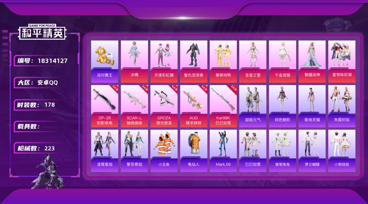 和平精英账号安卓QQ[18314127]安卓 手Q-8粉装-7特效枪-0载具-6粉色飞行器-70633热力值-11王牌印记-178套装-223枪皮
【热门品类】：套装-派对舞王，套装-小丑鱼，套装-龟仙人，角色-Mark
