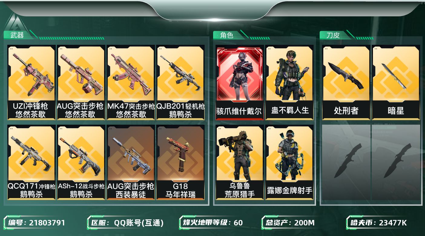 三角洲行动账号QQ【SJZEHC1394】EHC10149 1红皮，1刀皮，维什戴尔，暗星
200m总资产-23477