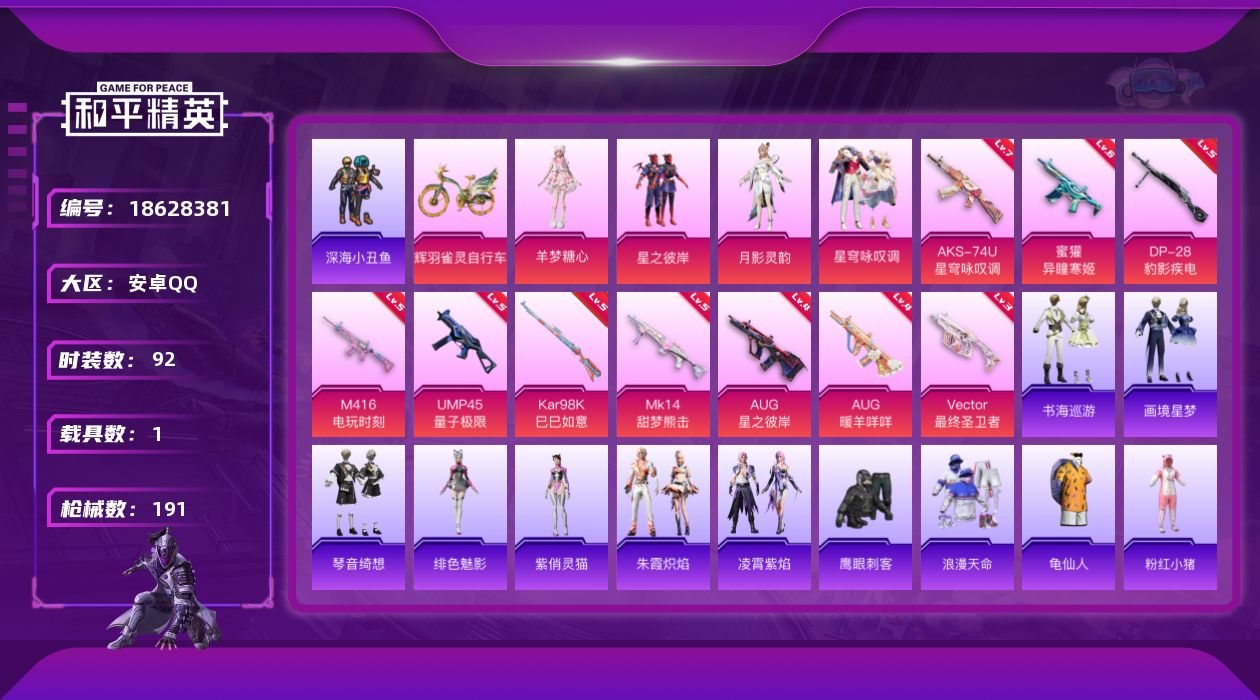 和平精英账号安卓QQ[18628381]安卓 手Q-4粉装-12特效枪-1载具-7粉色飞行器-54469热力值-1王牌印记-92套装-191枪皮
【热门品类】：套装-浪漫天命，套装-深海小丑鱼，套装-龟仙人，套装-粉红小