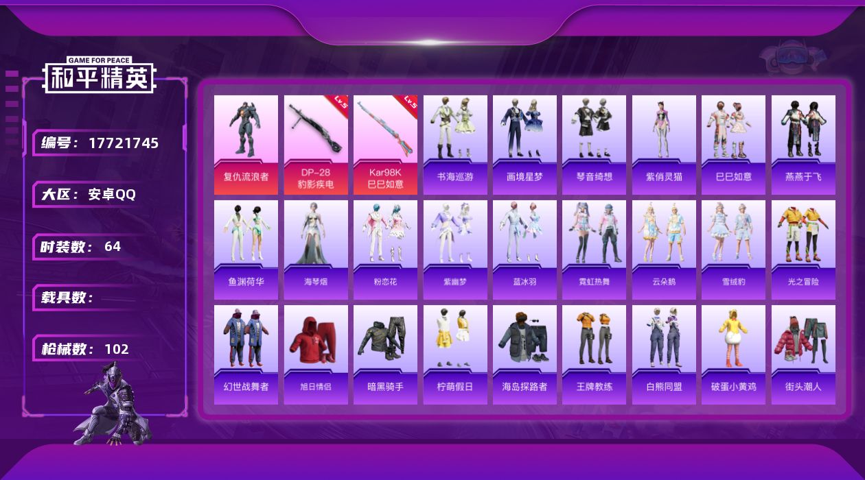 和平精英账号安卓QQ[17721745]【店主推荐捡漏号】安卓 手Q-1粉装-4特效枪-0载具-1粉色飞行器-25981热力值-2王牌印记-64套装-102枪皮【粉色套装】：角色-复仇流浪者【粉色枪皮等级】：UMP45-