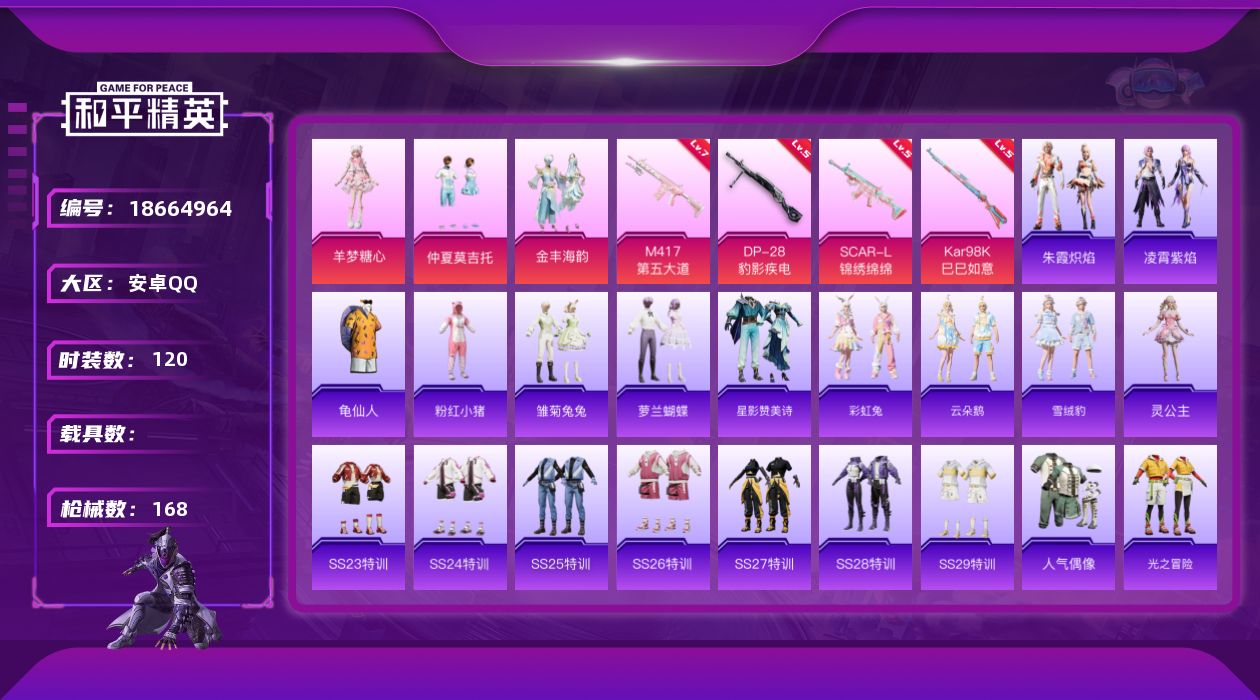 和平精英账号安卓QQ[18664964]安卓 手Q-3粉装-6特效枪-0载具-1粉色飞行器-48527热力值-14王牌印记-120套装-168枪皮
【热门品类】：套装-龟仙人，套装-粉红小猪
【粉色套装】：粉装-仲夏莫吉
