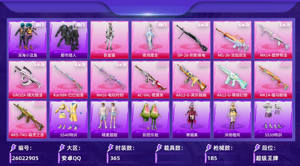 和平精英账号安卓QQ0载具-94套装-185枪皮-1稀有2粉装12特效枪5热门94套装185枪皮 46530热力值 3印