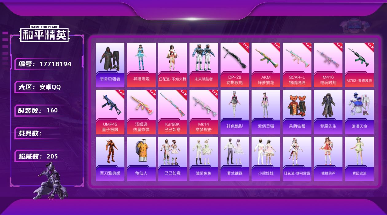 和平精英账号安卓QQ[17718194]安卓 手Q-3粉装-12特效枪-0载具-2粉色飞行器-57980热力值-10王牌印记-160套装-205枪皮
【热门品类】：套装-浪漫天命，套装-奇异狩猎者，角色-军刀雅典娜，套装