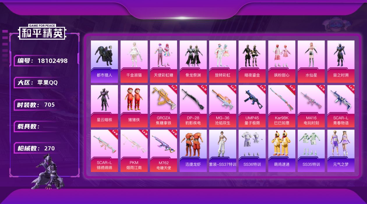 和平精英账号苹果QQ[18102498]【精品号手慢无】10粉装-10特效枪-0载具-3粉色飞行器-86962热力值-1