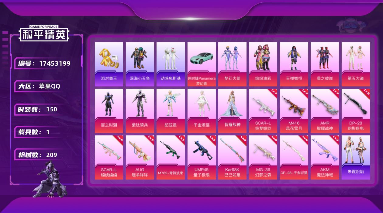 和平精英账号苹果QQ[17453199]苹果 手Q-10粉装-12特效枪-1载具-4粉色飞行器-71603热力值-11王牌印记-150套装-209枪皮
【热门品类】：粉装-梦幻火箭，粉装-缤纷油彩，套装-浪漫天命，套装-