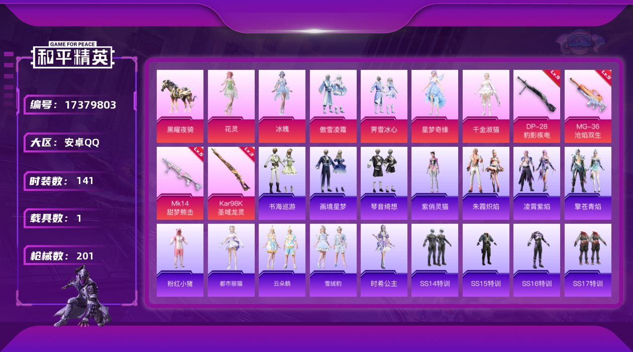 和平精英账号安卓QQ安卓Q-1载具7粉装8特效枪8热门141套装201枪皮 60604热力值 6印