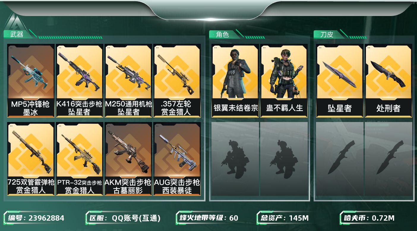 三角洲行动账号QQ[23962884]【7215】X37581 145m总资产-726k哈夫币-60烽火等级-钻石-2