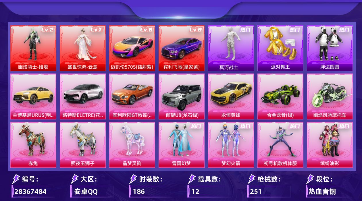 [28367484]安卓手Q-历史最高段位：传奇王牌17星-2神装-21粉装-19特效枪-12载具-13粉色飞行器-129304热力值-21王牌印记-186套装-251枪皮
【红色载具等级】：迈凯伦570S（镭射紫）(六级)，宾利飞驰（皇家紫）(六级)
【红色神装等级】：盛世惊鸿-云鸾(一级)，幽焰骑士-维塔(二级)
【红色角色神装】：盛世惊鸿-云鸾，幽焰骑士-维塔
【热门品类】：粉装-雪国幻梦，粉装-梦幻火箭，粉装-初号机款机体服，粉装-缤纷油彩，套装-浪漫天命，套装-冥河战士，套装-派对舞王，角色-军刀雅典娜，套装-胖达圆圆，角色-忠猛周仓，角色-忠真马岱，角色-忠义严颜，套装-龟仙人，套装-暗影哥特，大砍刀-青龙偃月刀，撬棍-龙胆亮银枪
【粉色套装】：粉装-未来战士，粉装-雪国幻梦，粉装-梦幻火箭，粉装-缤纷油彩，粉装-香水柠檬，粉装-星之彼岸，粉装-馨动时刻，角色-洛天依，角色-初号机款机体服，粉装-恐龙拽拽，角色-复仇流浪者，粉装-朗月武圣，粉装-暗夜鎏金，粉装-心之回忆，角色-白勺歌姬，角色-呆萌星弥，角色-小可学妹，粉装-璀璨巨星，角色-星云暗核，粉装-莲影清波，角色-智耀战神
【粉色枪皮等级】：AKM-白勺歌姬(三级)，AKM-幽焰骑士(九级)，SCAR-L-童趣迷兔(七级)，M416-五爪金龙(六级)，GROZA-香水柠檬(六级)，AUG-星之彼岸(七级)，UMP45-恐龙拽拽(五级)，Vector-流风之羽(五级)，汤姆逊-玉魄流云(五级)，P90-仙履奇缘(八级)，Kar98K-巳巳如意(五级)，Mk14-盛世惊鸿(三级)，Mk14-福马献瑞(五级)，李-恩菲尔德-破风疾驰(二级)，AA12-G-其乐融融(五级)，M249-彩虹甜喵(七级)，DP-28-豹影疾电(五级)，MG3-洛神天依(七级)，MG3-梦幻舞会(四级)
【粉色载具】：宾利飞驰（皇家紫），迈凯伦570S（镭射紫），兰博基尼URUS（明艳黄），路特斯ELETRE（花绽灰），宾利欧陆GT敞篷（火焰橘），仰望U8（龙石绿），永恒黄蜂，合金龙骨（绿），幽焰风驰摩托车，赤兔，照夜玉狮子，晶梦灵驹
【粉色枪皮】：AKM-白勺歌姬，AKM-幽焰骑士，SCAR-L-童趣迷兔，M416-五爪金龙，GROZA-香水柠檬，AUG-星之彼岸，UMP45-恐龙拽拽，Vector-流风之羽，汤姆逊-玉魄流云，P90-仙履奇