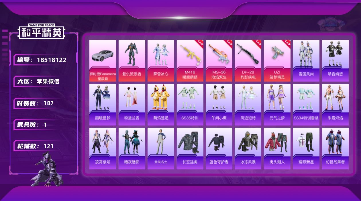 和平精英账号苹果微信2粉装 4特效枪 1载具 7印记 可二次 可修改实名 
【热门装扮】复仇流浪者,霁雪冰心,暗夜魅影
