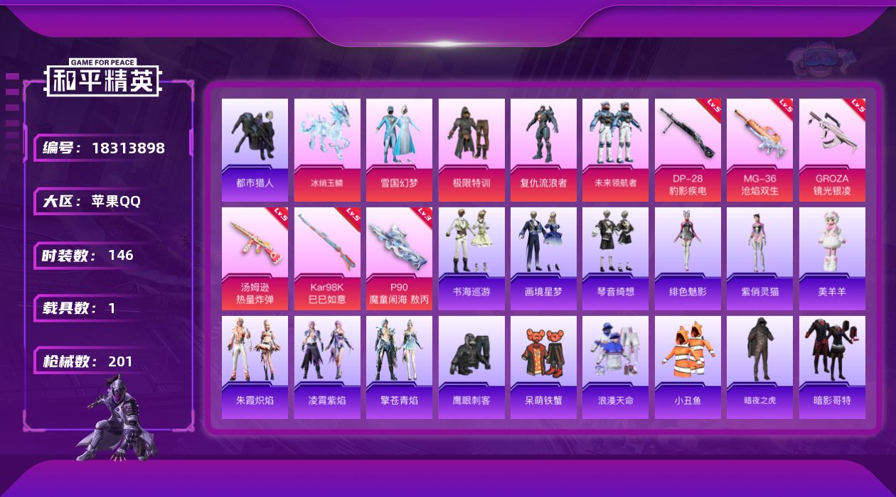 和平精英账号苹果QQ[18313898]绝世印记7 /无敌战神框6 【特价出售/店主推荐】苹果 手Q-无敌战神框-4粉装-8特效枪-1载具-3粉色飞行器-57213热力值-13王牌印记-146套装-201枪皮【热门品类】