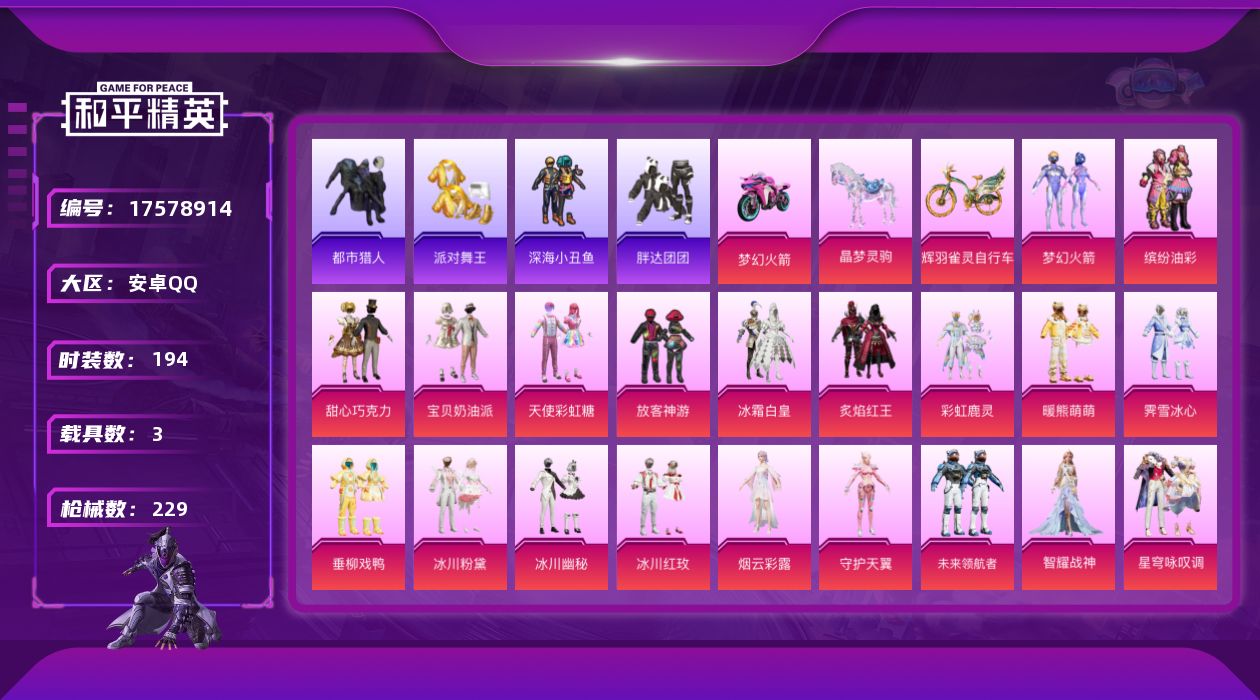 和平精英账号安卓QQ[17578914]【店主推荐捡漏号！可直接换绑】安卓 手Q-21粉装-6特效枪-3载具-8粉色飞行器-80006热力值-8王牌印记-194套装-229枪皮【热门品类】：粉装-梦幻火箭，粉装-缤纷油彩