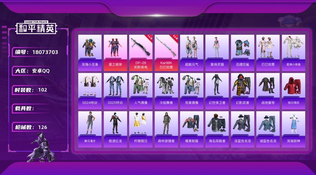 和平精英账号安卓QQ[18073703]【特价出售/店主推荐】安卓 手Q-2粉装-4特效枪-1粉色飞行器-29726热力值-7王牌印记-102套装-126枪皮
【热门品类】：套装-深海小丑鱼
【粉色套装】：粉装-星之彼岸