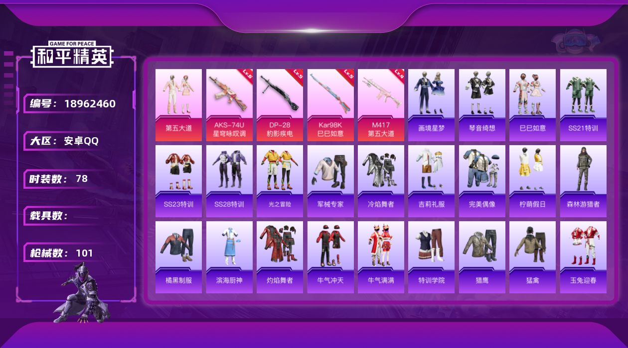 和平精英账号安卓QQ[18962460]78套装/枪械5/装备100/战备84/王牌印记7/热力值28000/六级AKS-74U-星穹咏叹调/五级Kar98K-巳巳如意/五级Mk14-福马献瑞/四级M417-第五大道/五