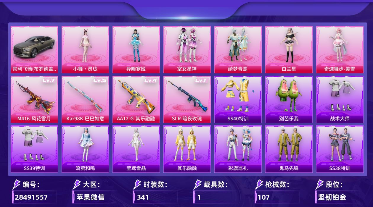 []6粉装 4特效枪 1载具 3印记 可二次 可修改实名 
【热门装扮】奇迹舞步-美雪,异瞳寒姬,浅蓝色牛仔衬衣,雨过天青,小舞·灵珑,绮梦青鸾,白兰星,室女星神,神秘黑猫,鹰眼刺客
【载具】宾利飞驰(布罗德盖棕双色)
【稀有枪皮】Kar98K-巳巳如意,AA12-G-其乐融融,M4