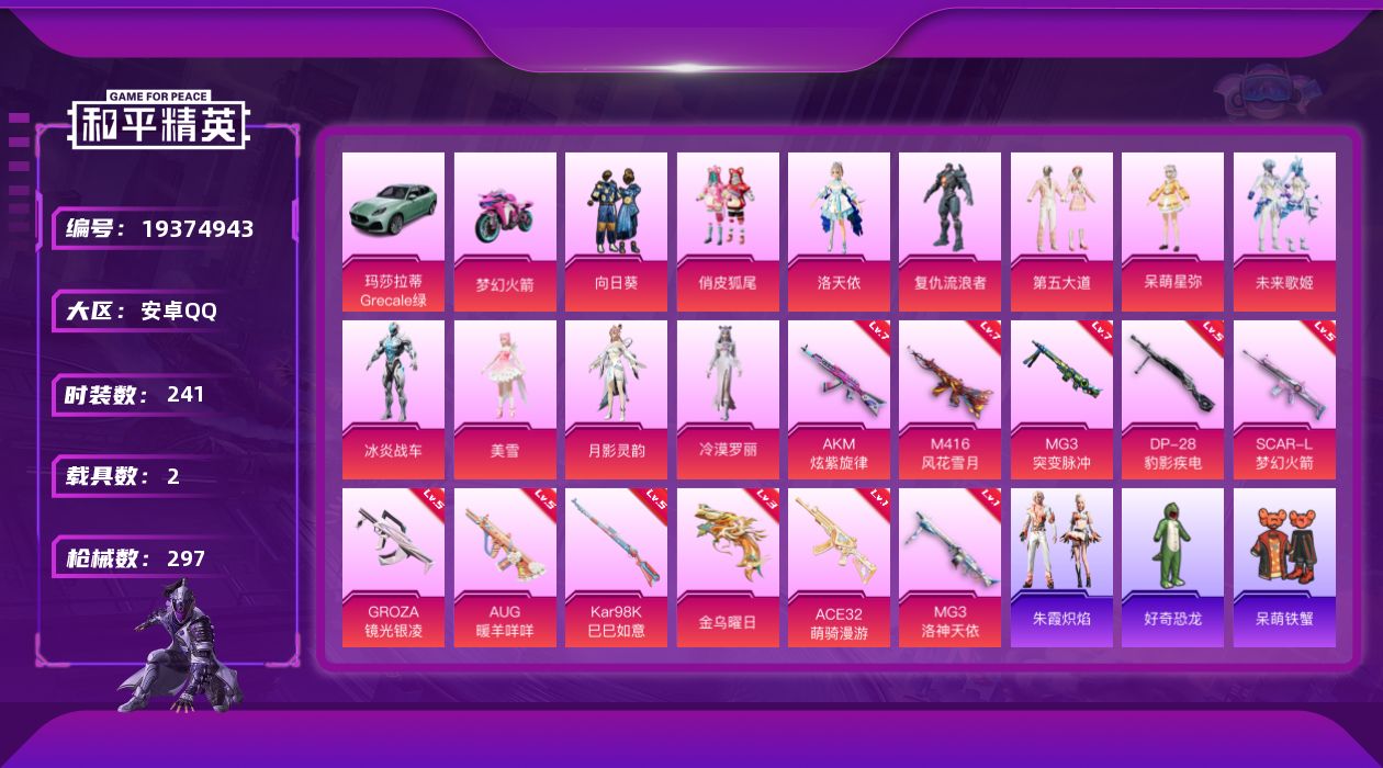 和平精英账号安卓QQ[19374943]安卓 手Q-11粉装-11特效枪-2载具-5粉色飞行器-100568热力值-8王牌印记-241套装-297枪皮
【热门品类】：套装-小丑鱼，套装-金羽特工，套装-忍者信条，套装-S