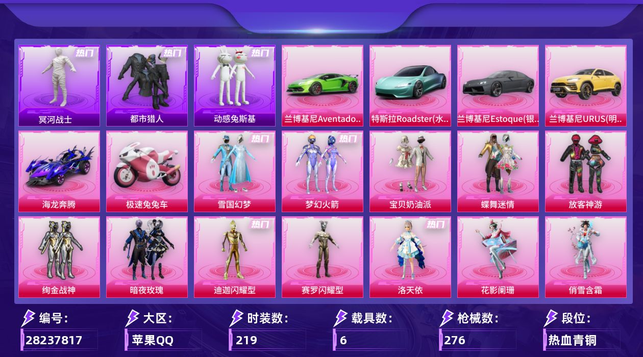 [28237817]苹果手Q-历史最高段位：超级王牌17星-14粉装-10特效枪-6载具-2粉色飞行器-99682热力值-14王牌印记-219套装-276枪皮
【热门品类】：粉装-雪国幻梦，粉装-梦幻火箭，套装-浪漫天命，套装-都市猎人，套装-冥河战士，套装-动感兔斯基人偶服，套装-龟仙人，套装-潮萌小黄鸭，套装-暗影哥特，角色-六号稻草人
【粉色套装】：粉装-宝贝奶油派，粉装-雪国幻梦，粉装-蝶舞迷情，粉装-梦幻火箭，粉装-放客神游，粉装-绚金战神，粉装-暗夜玫瑰，角色-闪耀迪迦，角色-赛罗闪耀型，角色-洛天依，粉装-花影阑珊，粉装-俏雪含霜，粉装-暗夜鎏金，角色-冷漠罗丽
【粉色枪皮等级】：M416-心之恋语(七级)，M416-风花雪月(一级)，AUG-星之彼岸(七级)，M762-激战未来(六级)，Kar98K-绿意幻情(二级)，Kar98K-巳巳如意(五级)，Mk14-福马献瑞(四级)，AA12-G-其乐融融(四级)，DP-28-豹影疾电(五级)，MG3-洛神天依(七级)
【粉色载具】：特斯拉Roadster（水滴蓝），兰博基尼Aventador SVJ（翡翠绿），兰博基尼Estoque（银翼灰），兰博基尼URUS（明艳黄），海龙奔腾，极速兔兔车，空客H135-蔚蓝之翼
【粉色枪皮】：M416-心之恋语，M416-风花雪月，AUG-星之彼岸，M762-激战未来，Kar98K-绿意幻情，Kar98K-巳巳如意，Mk14-福马献瑞，AA12-G-其乐融融，DP-28-豹影疾电，MG3-洛神天依
【粉色飞行器】：炫彩糖果飞行器，风花雪月飞行器
【粉色降落伞】：破风疾驰降落伞，甜心宝贝降落伞，春暖花开降落伞，梦幻火箭降落伞，王牌四分卫降落伞，星之彼岸降落伞，暗夜玫瑰降落伞，齐天大圣降落伞，洛神天依降落伞，暗星紫秘降落伞，碧影闪光降落伞，恐龙拽拽降落伞，飒粉甜心降落伞，闲梦青缨降落伞，精灵梦叶罗丽降落伞，彩虹独角兽降落伞，无垠阁降落伞，异瞳寒姬降落伞，炫彩糖果降落伞，神印王座降落伞
【稀有套装】：套装-龟仙人，套装-巳巳如意，套装-雪国风尚，套装-炫彩糖果，套装-云宝联名款，套装-其乐融融，套装-彩旗巡礼，套装-恋语绒绒，套装-粉恋花，套装-紫幽梦，套装-蓝冰羽，角色-六号稻草人，套装-星渊小夜曲，角色-绯色魅影，套装-画境星梦，套装-琴音绮想
【稀有枪皮】：AUG-冰晶雪宝，AKM-夜