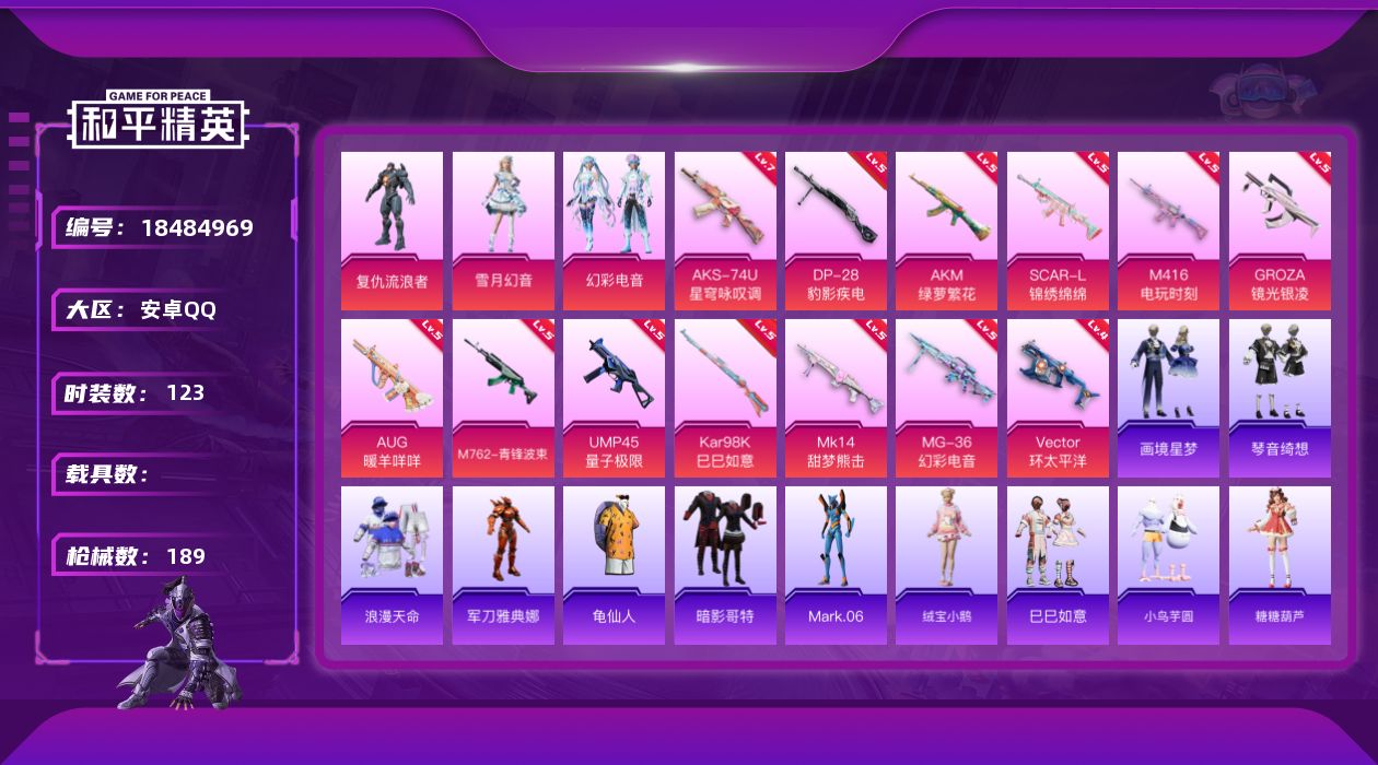 和平精英账号安卓QQ[18484969]安卓 手Q-3粉装-14特效枪-0载具-3粉色飞行器-54930热力值-7王牌印记-123套装-189枪皮
【热门品类】：套装-浪漫天命，角色-军刀雅典娜，套装-龟仙人，套装-暗影
