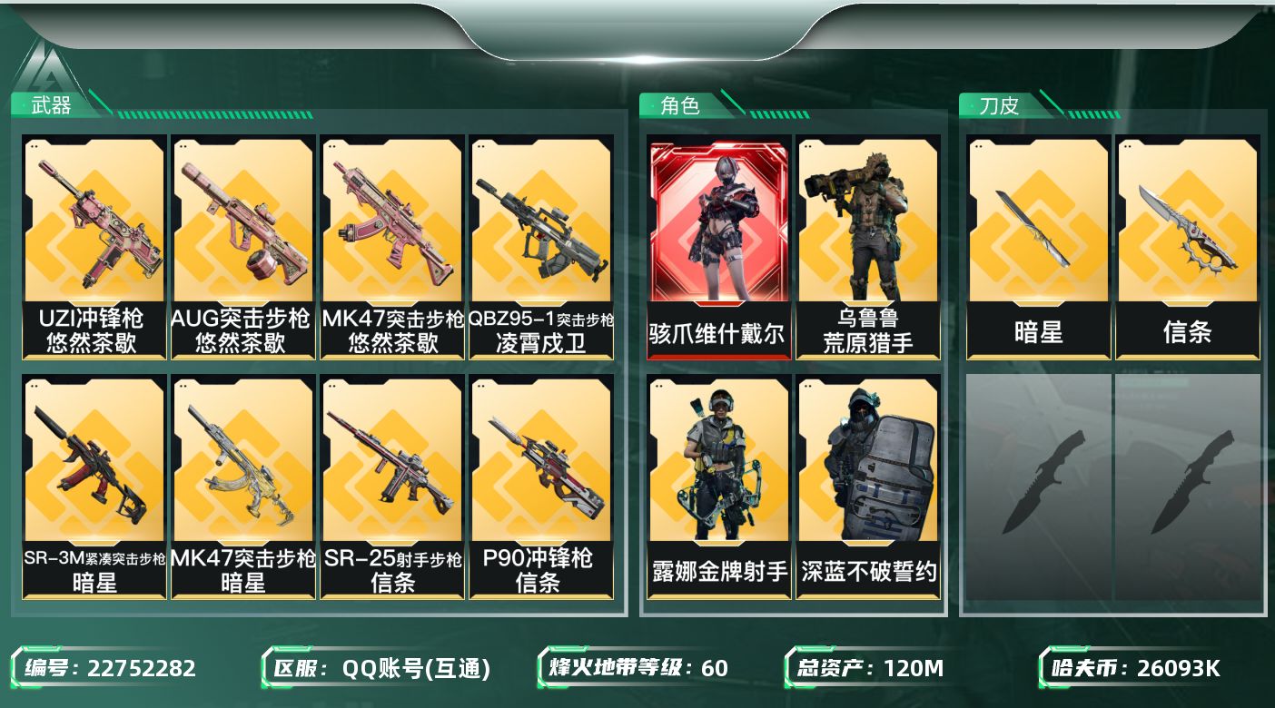三角洲行动账号QQ[22752282]【7074】九   1347319   120m总资产-26093k哈夫币-60