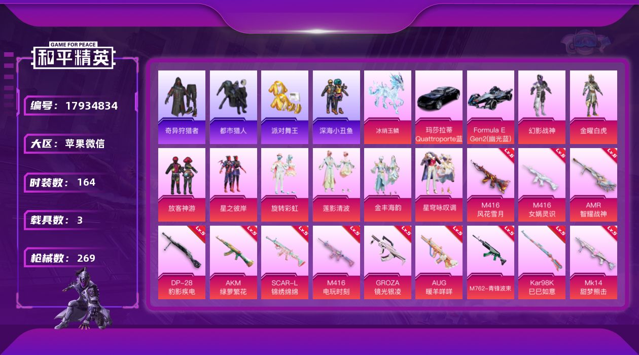 和平精英账号苹果微信[17934834]【特价出售/店主推荐】苹果 微信-8粉装-20特效枪-3载具-3粉色飞行器-87482热力值-6王牌印记-164套装-269枪皮
【热门品类】：套装-浪漫天命，套装-都市猎人，套装