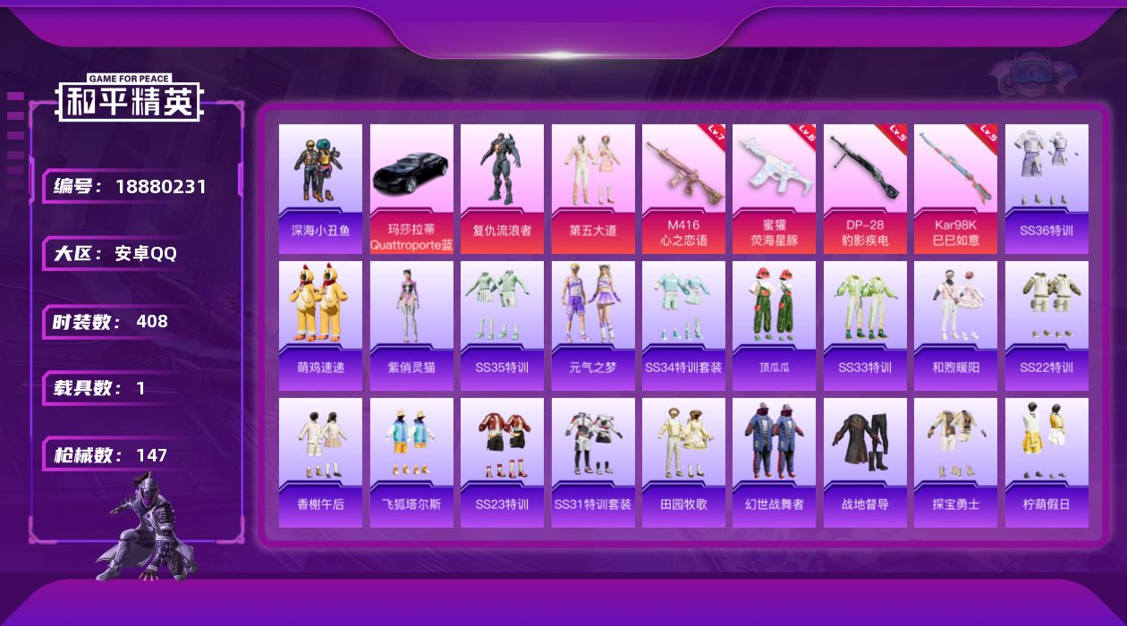 和平精英账号安卓QQ1载具-106套装-147枪皮-1载具2粉装5特效枪10热门106套装147枪皮 45203热力值 