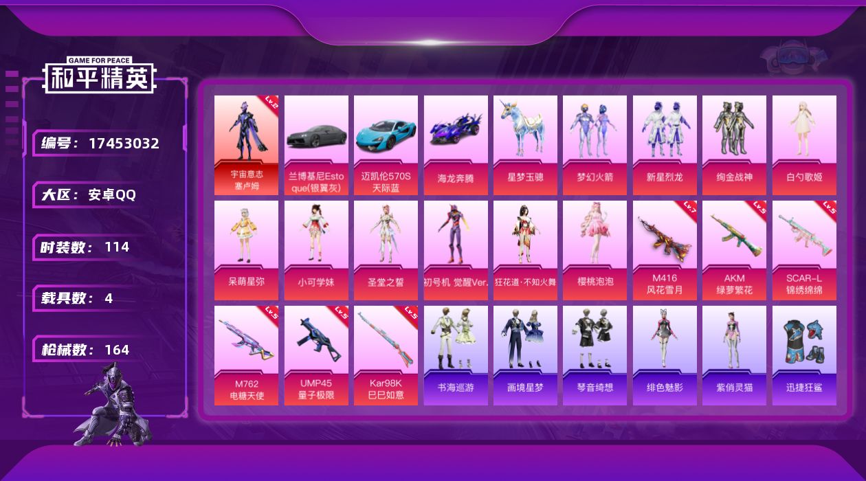 和平精英账号安卓QQ[17453032]安卓 手Q-1神装-10粉装-7特效枪-4载具-2粉色飞行器-55121热力值-5王牌印记-114套装-164枪皮
【红色神装等级】：宇宙意志-塞卢姆(二级)
【红色角色神装】：宇