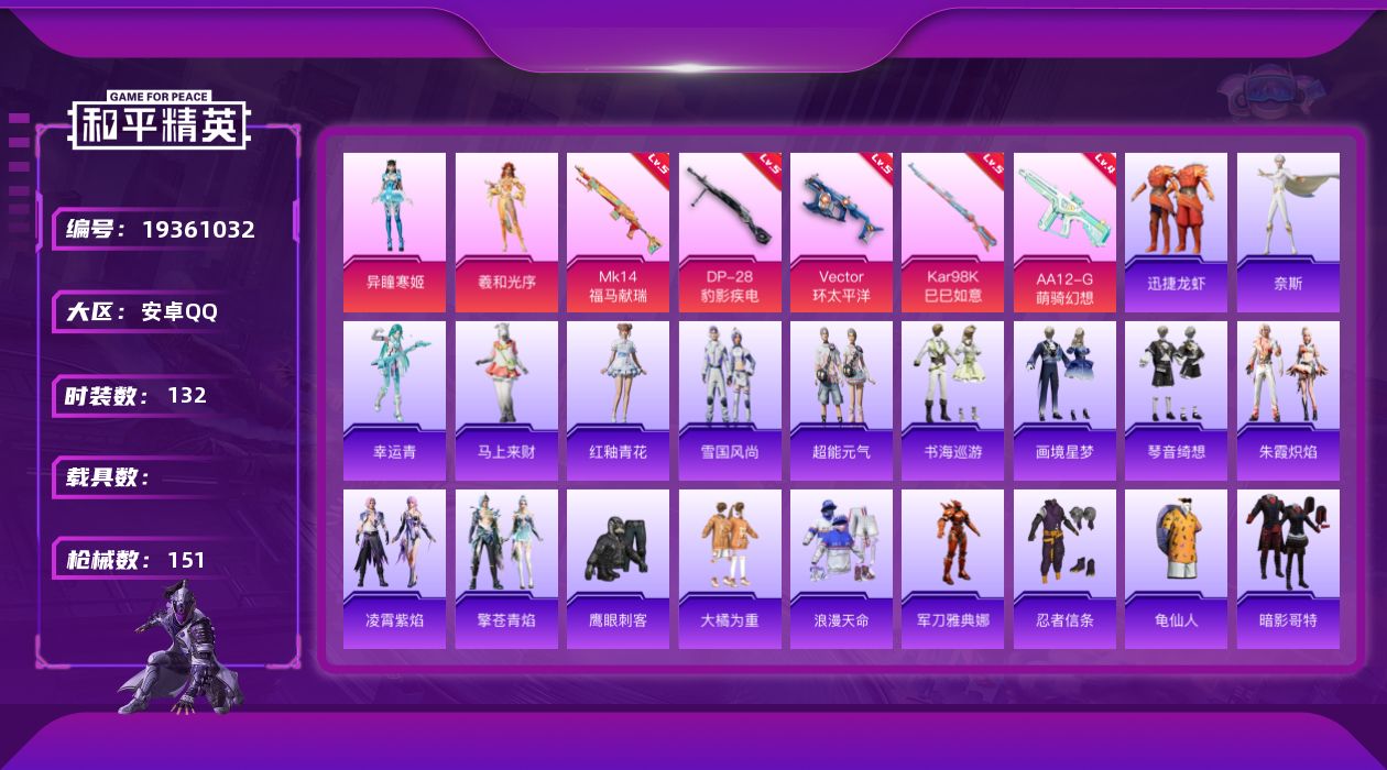 和平精英账号安卓QQ[19361032]安卓 手Q-2粉装-5特效枪-0载具-3粉色飞行器-39858热力值-4王牌印记-132套装-151枪皮
【热门品类】：套装-浪漫天命，角色-军刀雅典娜，套装-忍者信条，套装-龟仙