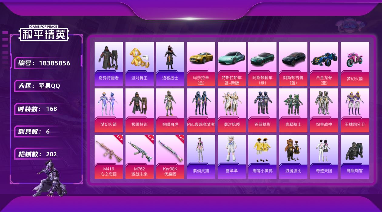 和平精英账号苹果QQ[18385856]满级地铁天赋【特价出售/店主推荐】苹果 手Q-9粉装-6特效枪-6载具-6粉色飞行器-76059热力值-4王牌印记-168套装-202枪皮
【热门品类】：粉装-梦幻火箭，套装-浪漫