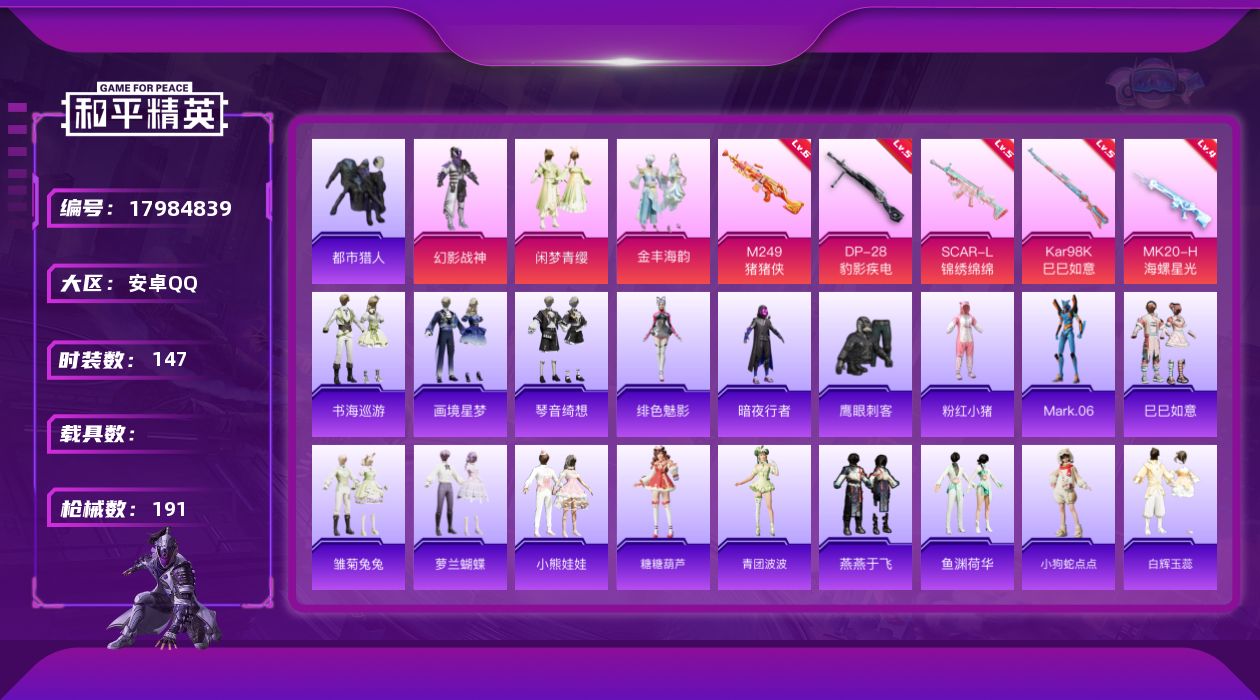 和平精英账号安卓QQ[17984839]安卓 手Q-3粉装-7特效枪-0载具-2粉色飞行器-52718热力值-4王牌印记-147套装-191枪皮
【热门品类】：套装-都市猎人，套装-暗夜行者，套装-粉红小猪，角色-Mar