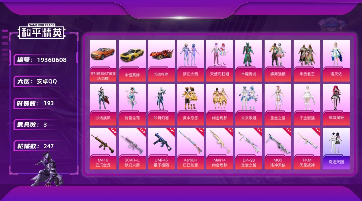 和平精英账号安卓QQ[19360608]安卓 手Q-15粉装-8特效枪-3载具-4粉色飞行器-89283热力值-6王牌印记-193套装-247枪皮
【热门品类】：粉装-梦幻火箭，套装-浪漫天命，套装-暗影哥特，套装-粉红