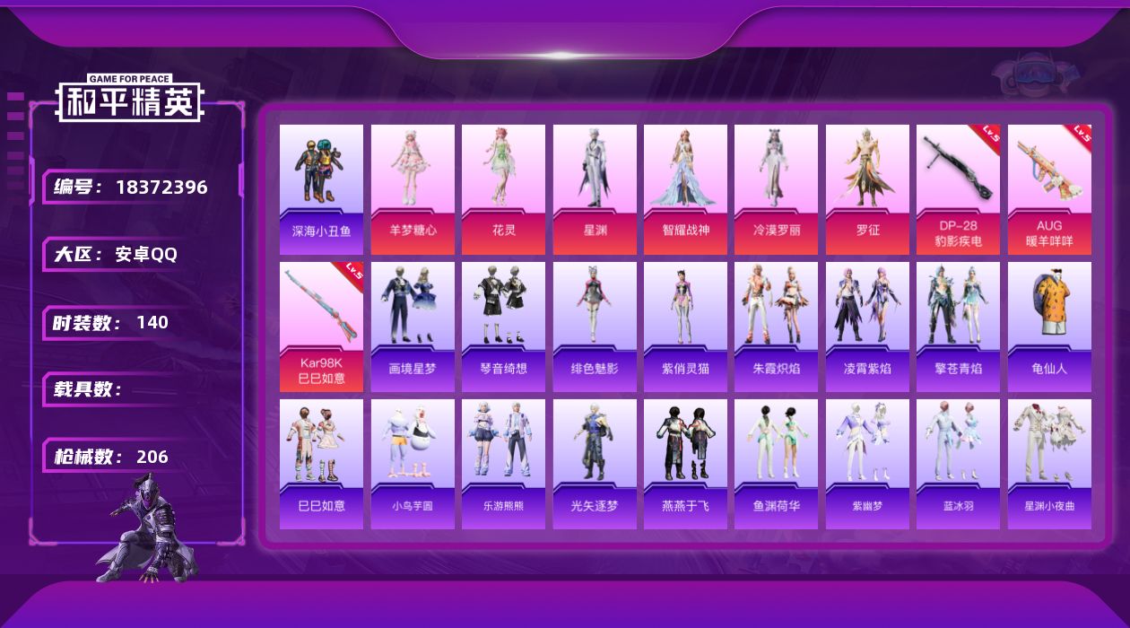 和平精英账号安卓QQ[18372396]安卓 手Q-8粉装-5特效枪-0载具-3粉色飞行器-54059热力值-12王牌印记-140套装-206枪皮
【热门品类】：套装-深海小丑鱼，套装-龟仙人
【粉色套装】：角色-智耀战