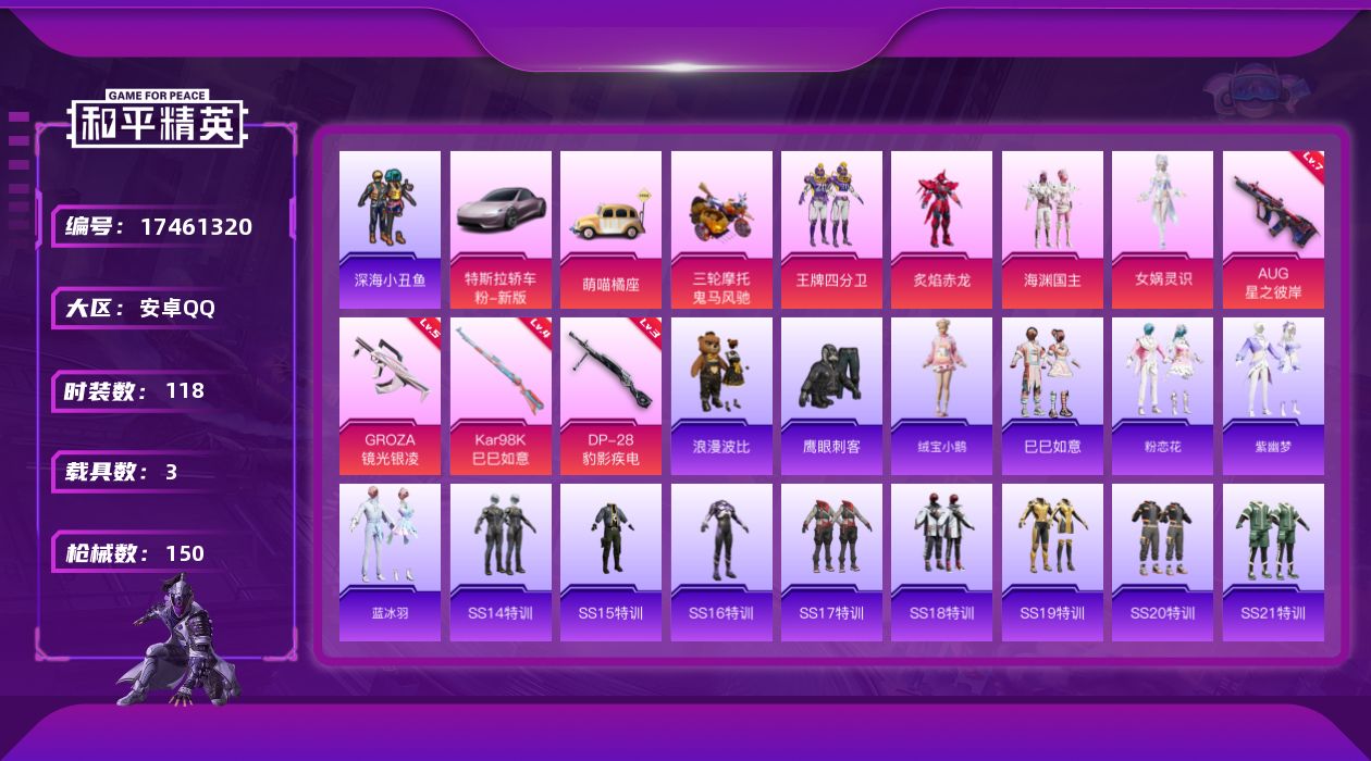 和平精英账号安卓QQ[17461320]安卓 手Q-4粉装-4特效枪-3载具-1粉色飞行器-50225热力值-7王牌印记-118套装-150枪皮【热门品类】：套装-深海小丑鱼，套装-浪漫波比【粉色套装】：粉装-王牌四分卫