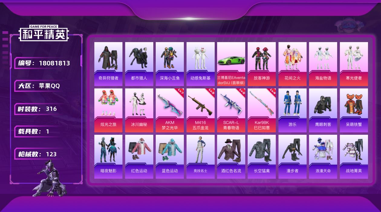 和平精英账号苹果QQ[18081813]6粉装 4特效枪 1载具 7印记 可二次 可修改实名 
【热门装扮】奇异狩猎者,