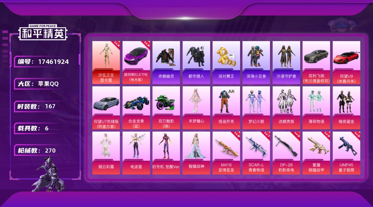 和平精英账号苹果QQ[17461924]苹果 手Q-无敌战神框-1神装-11粉装-15特效枪-6载具-4粉色飞行器-98971热力值-16王牌印记-167套装-270枪皮
【红色载具】：路特斯ELETRE（电光紫）(五级