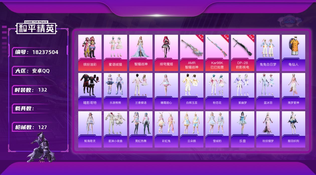 和平精英账号安卓QQ[18237504]安卓 手Q-4粉装-6特效枪-0载具-1粉色飞行器-39280热力值-6王牌印记-132套装-127枪皮
【热门品类】：粉装-缤纷油彩，套装-龟仙人，套装-暗影哥特
【粉色套装】：