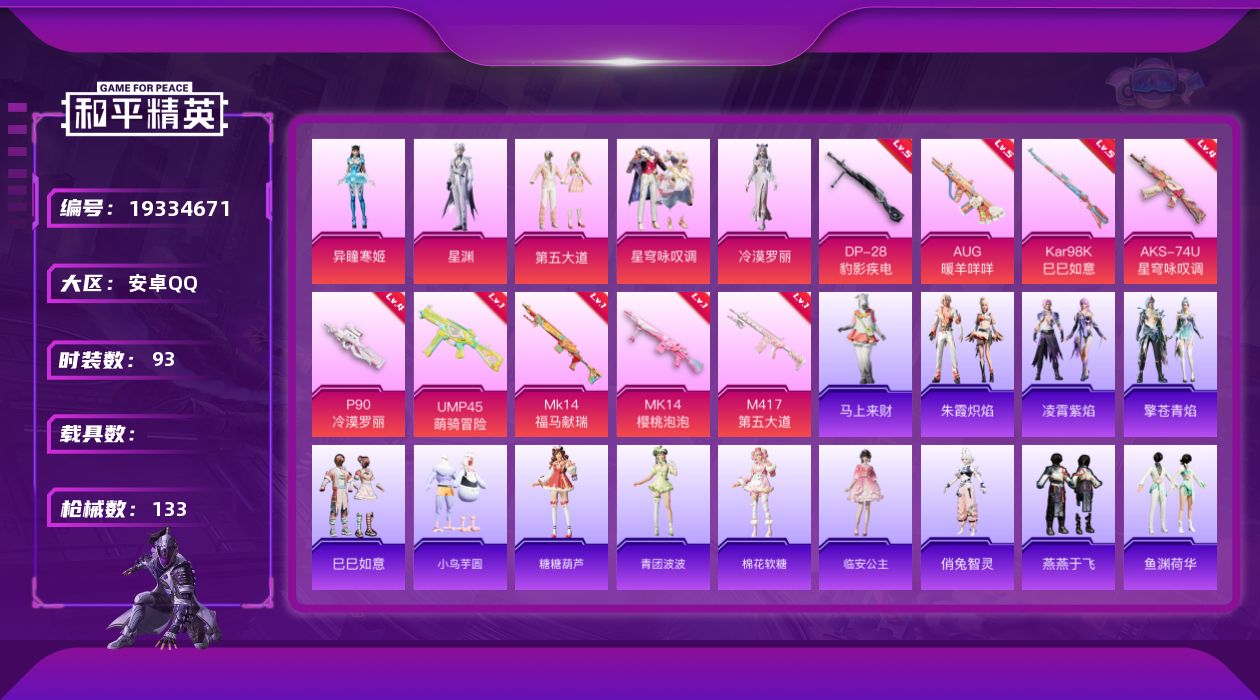 和平精英账号安卓QQ[19334671]安卓 手Q-6粉装-9特效枪-0载具-3粉色飞行器-40011热力值-5王牌印记-93套装-133枪皮
【粉色套装】：粉装-第五大道，粉装-星穹咏叹调，角色-冷漠罗丽，角色-星渊，