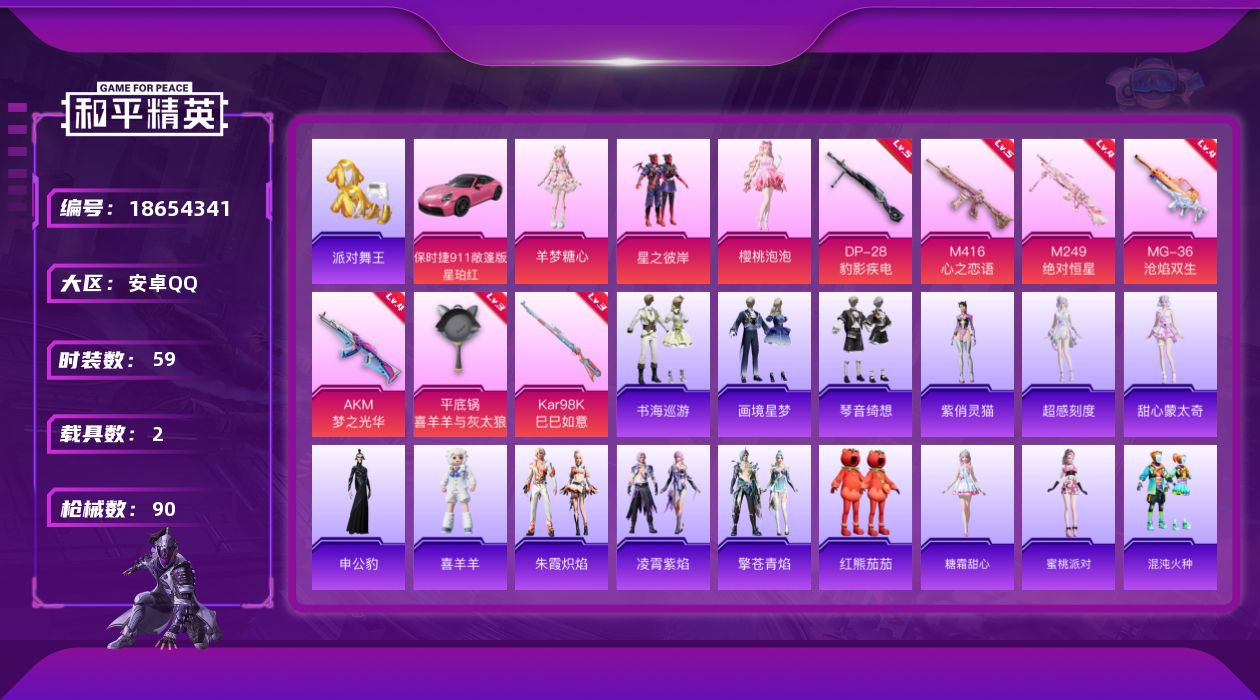 和平精英账号安卓QQ[18654341]安卓 手Q-4粉装-11特效枪-2载具-5粉色飞行器-32074热力值-4王牌印记-59套装-90枪皮
【热门品类】：套装-派对舞王，套装-红熊茄茄
【粉色套装】：粉装-星之彼岸，