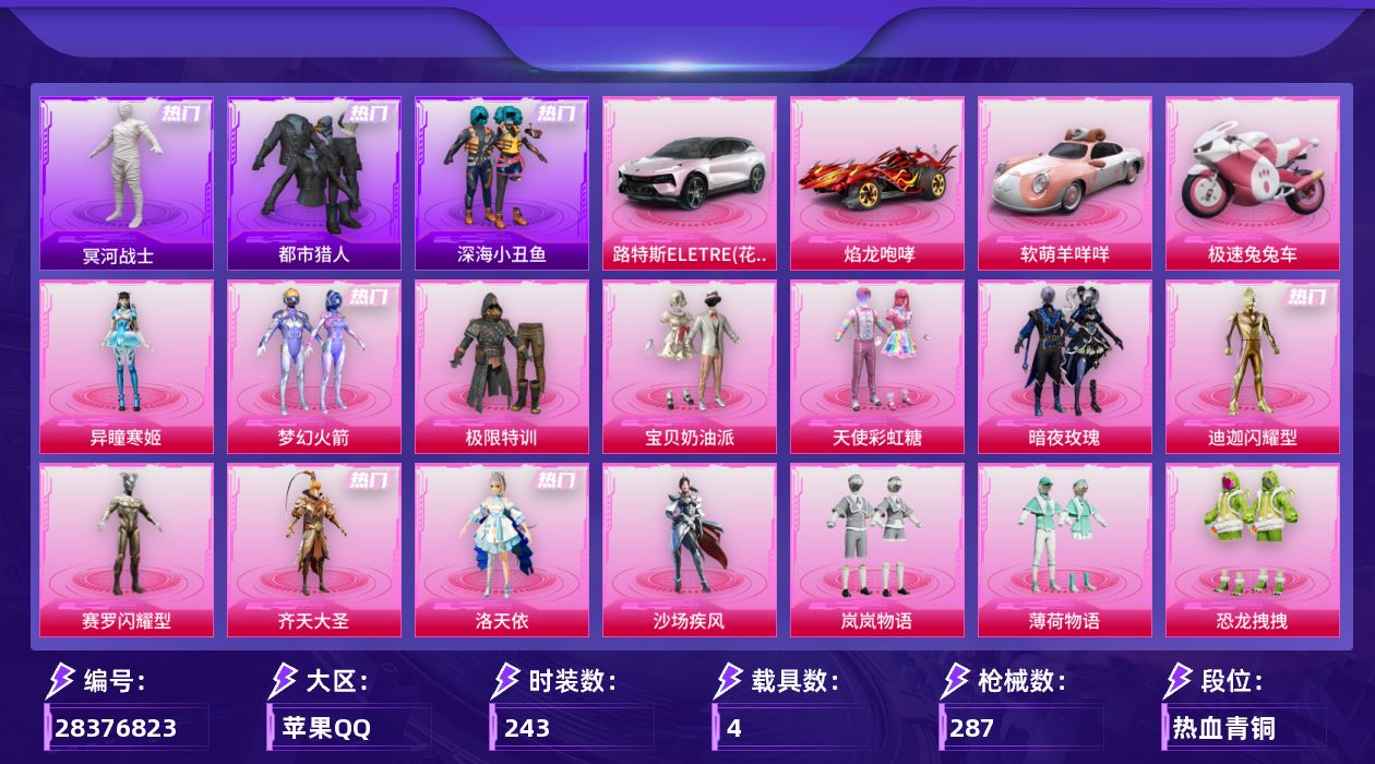 [28376823]苹果手Q-历史最高段位：超级王牌15星-16粉装-11特效枪-4载具-2粉色飞行器-98965热力值-25王牌印记-243套装-287枪皮
【热门品类】：粉装-梦幻火箭，套装-浪漫天命，套装-都市猎人，套装-冥河战士，套装-深海小丑鱼，套装-小丑鱼，角色-军刀雅典娜，套装-AG战队服，套装-龟仙人，套装-暗影哥特，套装-粉红小猪
【粉色套装】：粉装-极限特训，粉装-宝贝奶油派，粉装-天使彩虹糖，粉装-梦幻火箭，粉装-暗夜玫瑰，角色-闪耀迪迦，角色-赛罗闪耀型，粉装-齐天大圣，角色-洛天依，粉装-沙场疾风，粉装-岚岚物语，粉装-薄荷物语，粉装-恐龙拽拽，粉装-炙焰牛王，粉装-寒光使者，角色-异瞳寒姬
【粉色枪皮等级】：SCAR-L-甜梦小狐(七级)，M416-风花雪月(六级)，UZI-筑梦精灵(七级)，AKS-74U-琉璃赤心(五级)，Kar98K-巳巳如意(五级)，SLR-暗夜玫瑰(五级)，AMR-智耀战神(三级)，AA12-G-萌骑幻想(五级)，AA12-G-其乐融融(五级)，DP-28-豹影疾电(五级)，MG3-洛神天依(五级)
【粉色载具】：路特斯ELETRE（花绽灰），焰龙咆哮，软萌羊咩咩，极速兔兔车，僚机-萌兔起飞
【粉色枪皮】：SCAR-L-甜梦小狐，M416-风花雪月，UZI-筑梦精灵，AKS-74U-琉璃赤心，Kar98K-巳巳如意，SLR-暗夜玫瑰，AMR-智耀战神，AA12-G-萌骑幻想，AA12-G-其乐融融，DP-28-豹影疾电，MG3-洛神天依
【粉色飞行器】：梦幻火箭飞行器，齐天大圣飞行器
【粉色降落伞】：破风疾驰降落伞，极限特训降落伞，百万伏特降落伞，甜心宝贝降落伞，梦幻火箭降落伞，神秘黑猫降落伞，甜蜜誓约降落伞，童趣迷兔降落伞，暗夜玫瑰降落伞，齐天大圣降落伞，洛神天依降落伞，风花雪月降落伞，蓝莓炮弹降落伞，恐龙拽拽降落伞，筑梦精灵降落伞，甜梦小狐降落伞，炙焰牛王降落伞，彩虹甜喵降落伞，旋转彩虹降落伞，百变魔方降落伞，幻彩电音降落伞，炫彩糖果降落伞
【稀有套装】：套装-龟仙人，套装-巳巳如意，套装-云宝联名款，套装-恋语绒绒，套装-绝刃双刀，套装-冰河战士，套装-香桃花海，套装-极速领航，套装-疾风竞速，套装-粉恋花，套装-紫幽梦，套装-蓝冰羽，套装-风纪星徽，套装-薄荷书签
【稀有枪皮】：AKM-彩虹符号，AKM-影袭，AKM-恐龙