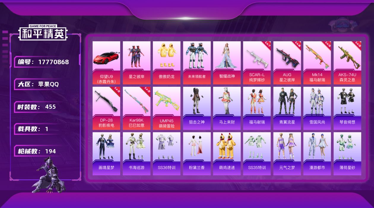 和平精英账号苹果QQ[17770868]5粉装 7特效枪 1载具 11印记 可二次 可修改实名 
【热门装扮】未来领航者