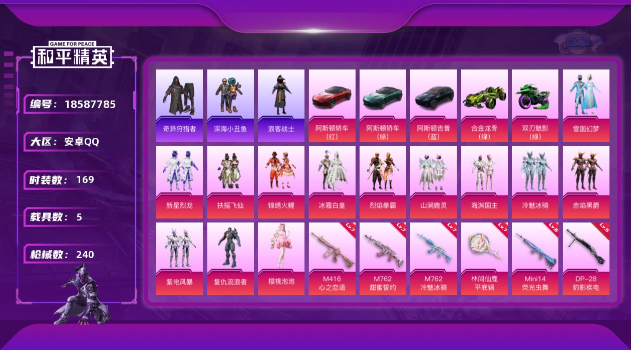 和平精英账号安卓QQ[18587785]【钱包无法注销，不影响账号安全和游戏正常】时装数: 607 载具数: 5 枪械数
