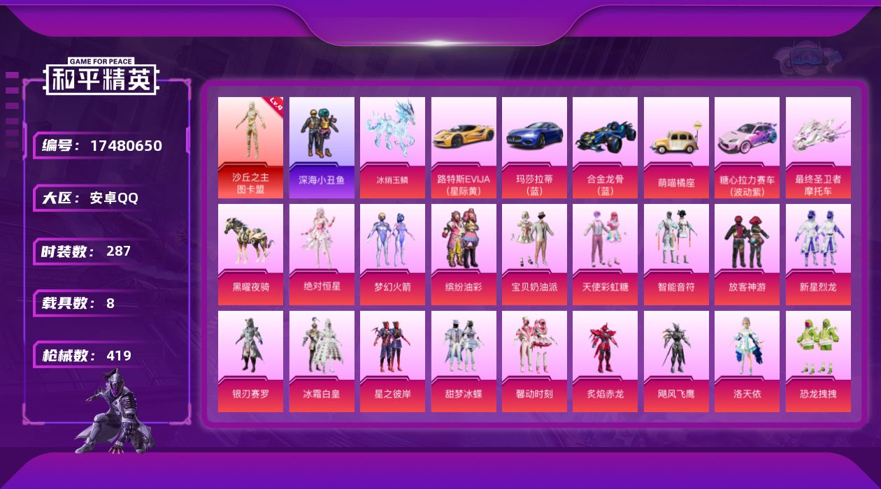 和平精英账号安卓QQ[17480650]安卓 手Q-2神装-34粉装-21特效枪-8载具-19粉色飞行器-160423热力值-21王牌印记-287套装-419枪皮
【红色神装等级】：暮色玫影-艾丽娅(二级)，沙丘之主-图
