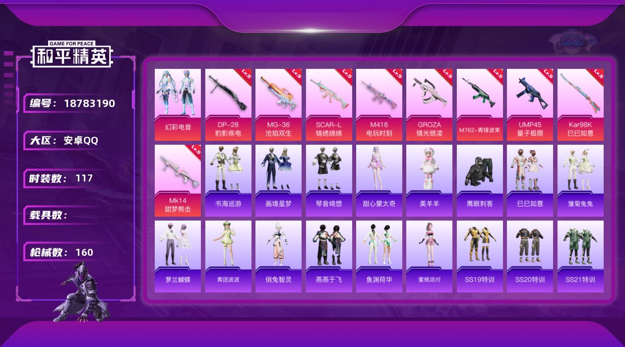 和平精英账号安卓QQ[18783190]安卓 手Q-1粉装-9特效枪-0载具-0粉色飞行器-44529热力值-3王牌印记-117套装-160枪皮
【粉色套装】：粉装-幻彩电音
【粉色枪皮等级】：SCAR-L-锦绣绵绵(五