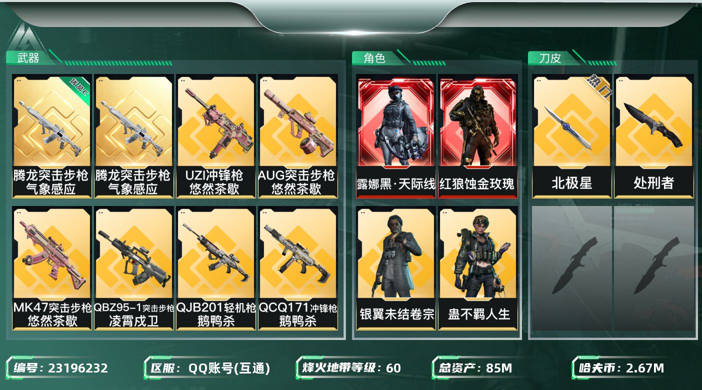 三角洲行动账号QQ【SJZEHC1699】EHC10198 2红皮，7金皮，1刀皮，天际线，蚀金玫瑰，北极星，腾龙砖皮