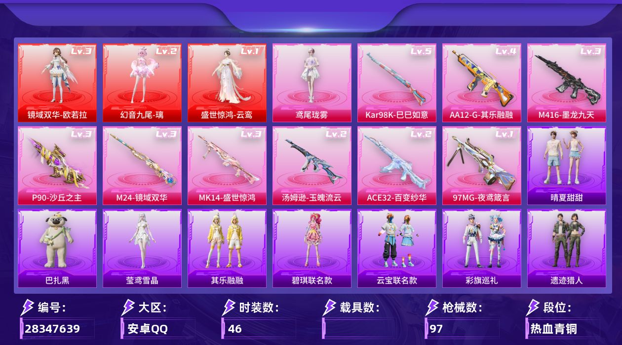 [28347639]【2187】46套装/枪械9/装备152/战备65/王牌印记2/热力值36785/二级幻音九尾-璃/一级盛世惊鸿-云鸾/三级镜域双华-欧若拉/幻音九尾-璃/盛世惊鸿-云鸾/镜域双华-欧若拉/三级M416-墨龙九天/二级ACE32-百变纱华/二级汤姆逊-玉魄流云/三级P90-沙丘之主/五级Kar98K-巳巳如意/三级M24-镜域双华/三级MK14-盛世惊鸿/四级AA12-G-其乐融融/一级97MG-夜鸢箴言/沙丘之主降落伞/镜域双华降落伞/墨龙九天降落伞/盛世惊鸿降落伞/星穹咏叹调降落伞/鸢尾珑雾降落伞/百变纱华降落伞/仙逆降落伞/李慕婉降落伞/夜鸢箴言降落伞/M416墨龙九天/ACE32-百变纱华/汤姆逊-玉魄流云/P90沙丘之主/Kar98K-巳巳如意/M24镜域双华/MK14-盛世惊鸿/AA12-G-其乐融融/97MG-夜鸢箴言/空岛之星/耀粉歌者/龙的传人/鸢尾珑雾/酣梦熊熊飞行器/沙丘之主天马飞行器/镜域双华-灵镜之阶/龙翔九天飞行器/幽焰列车飞行器/脆鲨七海飞行器/凤舞九天飞行器/纱华羽翼飞行器/李慕婉飞行器/AKM-破晓战魂/SCAR-L-炫彩节奏/AUG-耀粉歌者/M762-彩虹符号/G36C-镜域双华/Famas-镜域双华/Famas-墨龙九天/ACE32-蓝晶绮麟/UZI-炫彩节奏/UZI-盛世惊鸿/Vector-彩虹符号/野牛-沙丘之主/MP7-G-锦灰蝶梦/P90-巳巳如意/Kar98K-星穹咏叹调/AWM-盛世惊鸿/SKS-炫彩节奏/SLR-墨龙九天/AMR-墨龙九天/M417-锦灰蝶梦/AS50-百变纱华/S686-巳巳如意/S1897-锦灰蝶梦/S12K-百变纱华/M249-沙丘之主/MG3-镜域双华/MG3-幻世战舞者/M338-锦灰蝶梦/P1911-小狗蛇点点/短管霰弹-竹节火铳/大砍刀-脆鲨七海/大砍刀-盛世惊鸿/撬棍-脆鲨七海/撬棍-沙丘之主/平底锅-百变纱华/平底锅-锦灰蝶梦/燃烧瓶-甜梦桃焰/破片手榴弹-巳巳如意/航行童话/绒宝小鹅/巳巳如意/迅捷龙虾/遗迹猎人/碧琪联名款/云宝联名款/其乐融融/彩旗巡礼/恋语绒绒/晴夏甜甜/香桃花海/糖糖葫芦/青团波波/燕燕于飞/鱼渊荷华/风玲/枫露凝珀/皓月伶影/锦灰蝶梦/燕雀桃枝/玉兰双鹊/莹鸢雪晶/巴扎黑