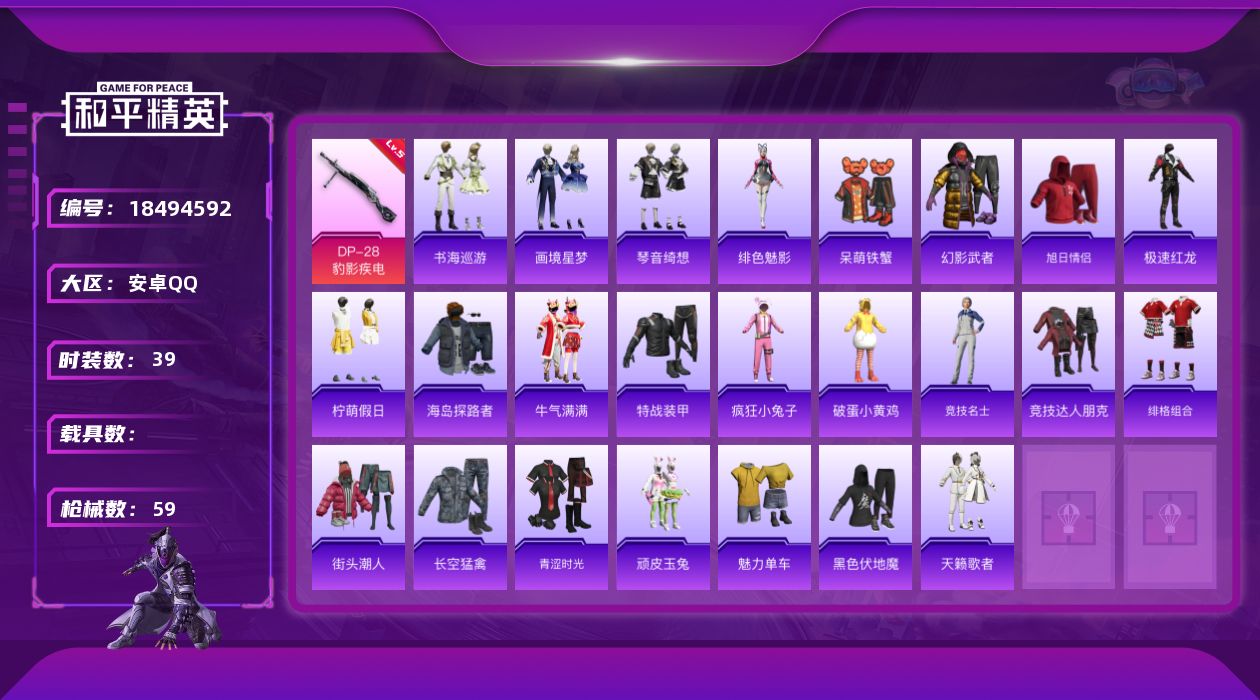 和平精英账号安卓QQ[18494592]安卓 手Q-0粉装-3特效枪-0载具-1粉色飞行器-14111热力值-2王牌印记-39套装-59枪皮
【粉色枪皮等级】：AKS-74U-森灵之息(五级)，DP-28-豹影疾电(五级