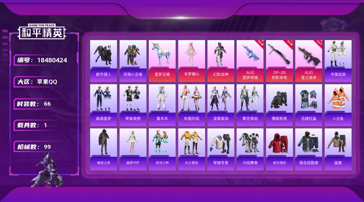 和平精英账号苹果QQ[18480424]AUG-星梦奇缘(九级)可二次【特价出售/店主推荐】 苹果 手Q-2粉装-5特效枪-1载具-3粉色飞行器-30261热力值-5王牌印记-66套装-99枪皮【热门品类】：套装-都市猎