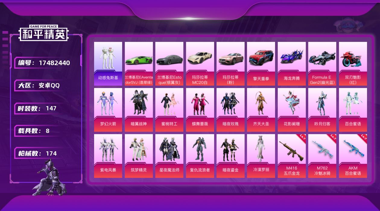 和平精英账号安卓QQ[17482440]安卓 手Q-15粉装-10特效枪-8载具-3粉色飞行器-69751热力值-13王牌印记-147套装-174枪皮
【热门品类】：粉装-梦幻火箭，角色-军刀雅典娜，套装-金羽特工，套装