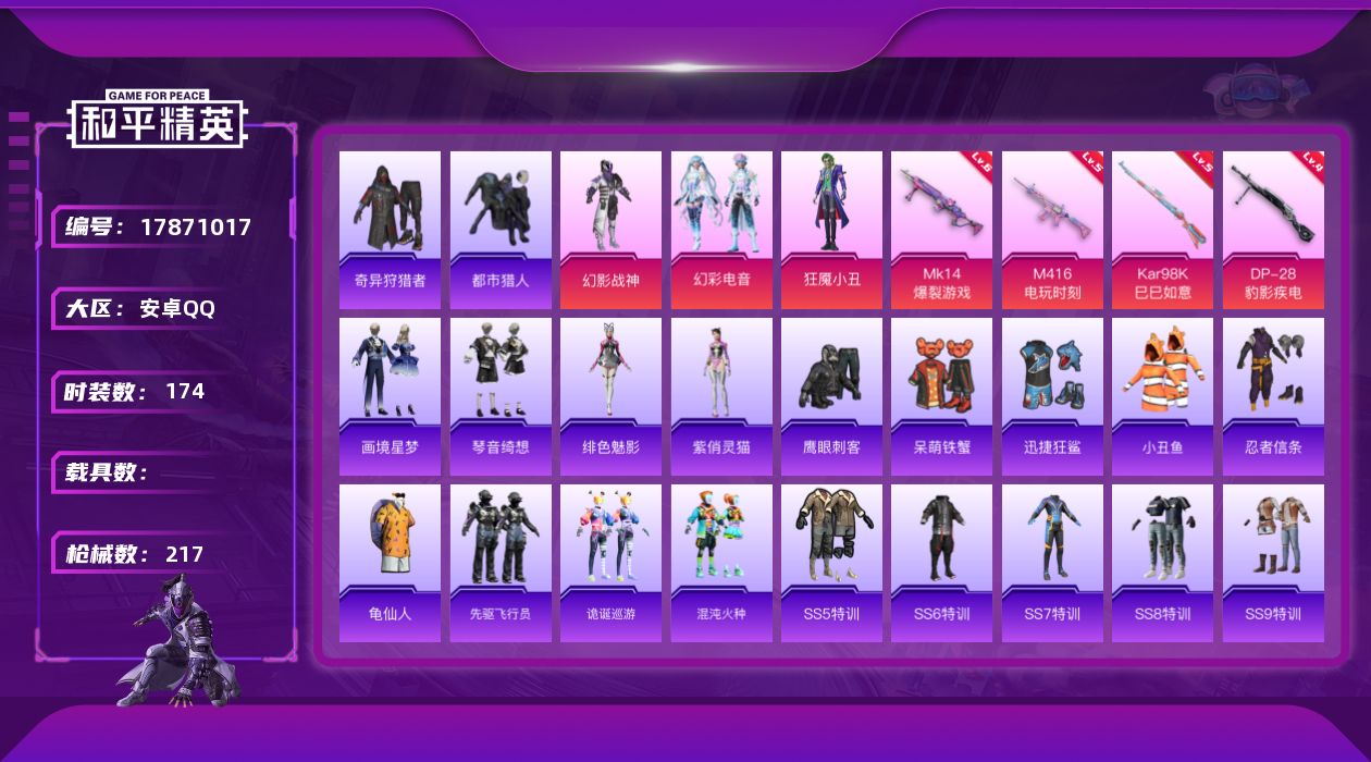 和平精英账号安卓QQ[17871017]安卓 手Q-5粉装-7特效枪-0载具-5粉色飞行器-64861热力值-5王牌印记-174套装-217枪皮
【热门品类】：套装-都市猎人，套装-小丑鱼，套装-奇异狩猎者，套装-忍者信