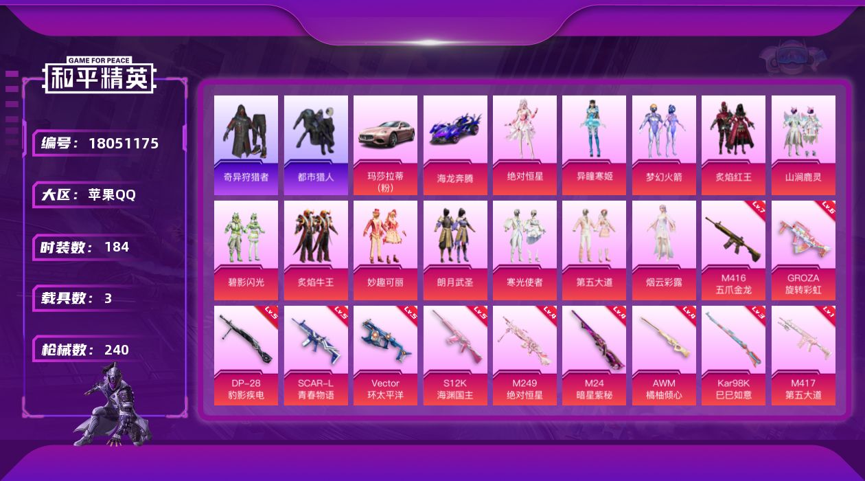 和平精英账号苹果QQW15567   可立即换绑无需挂单养号  苹果 手Q-12粉装-16特效枪-3载具-5粉色飞行器-