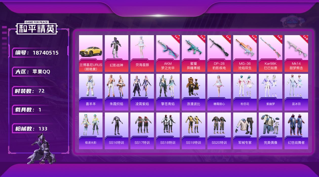 和平精英账号苹果QQ[18740515]苹果 手Q-2粉装-8特效枪-1载具-1粉色飞行器-38503热力值-7王牌印记-72套装-133枪皮
【热门品类】：套装-浪漫波比
【粉色套装】：粉装-幻影战神，角色-荧海星豚
